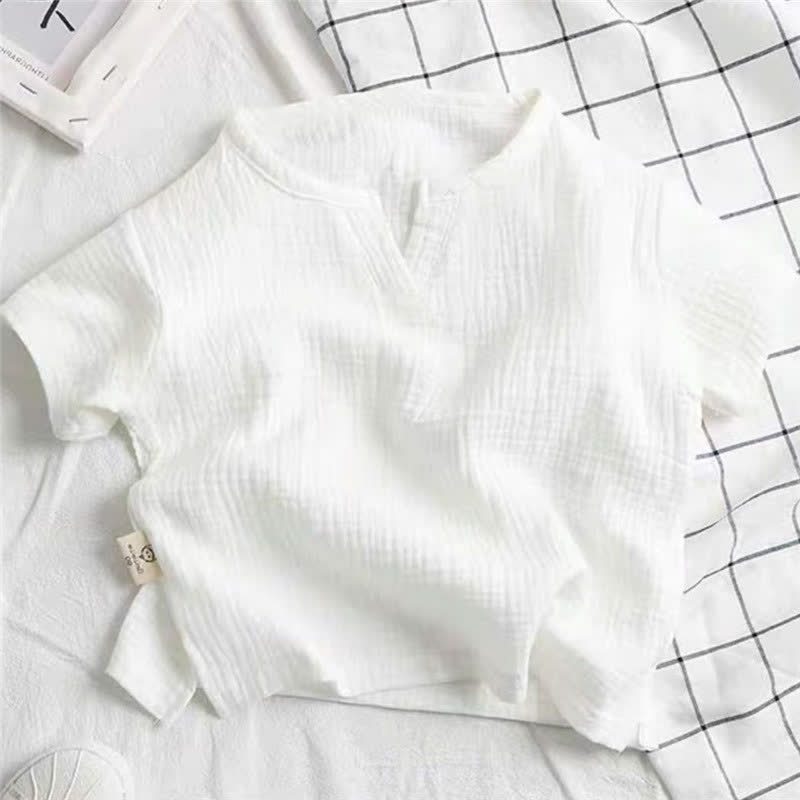 T-shirt per bambini a tinta unita con texture stropicciata e scollo a V. - Bianco - 8-9T - image 3