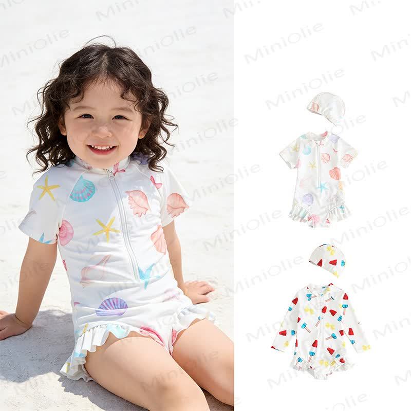 Costume da bagno intero per bambina con volant e cuffia inclusa. - image 1