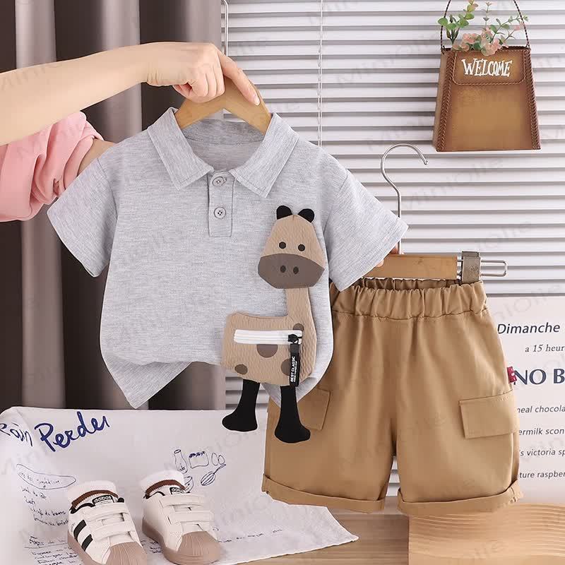 Completo da bambino in cotone con polo e pantaloncini con taschino, collezione Deer Collection. - Grigio - 4-5T - image 2