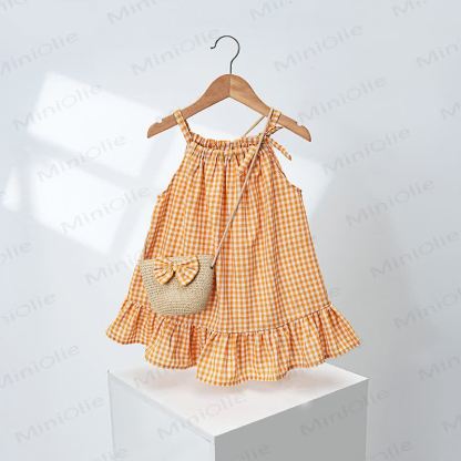 Vestito a quadretti con volant per bambina, con borsetta inclusa. - Giallo - 4-5T - image 3