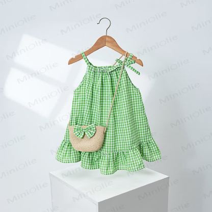 Vestito a quadretti con volant per bambina, con borsetta inclusa. - Verde - 4-5T - image 5