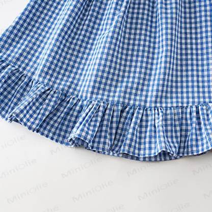 Vestito a quadretti con volant per bambina, con borsetta inclusa. - image 7