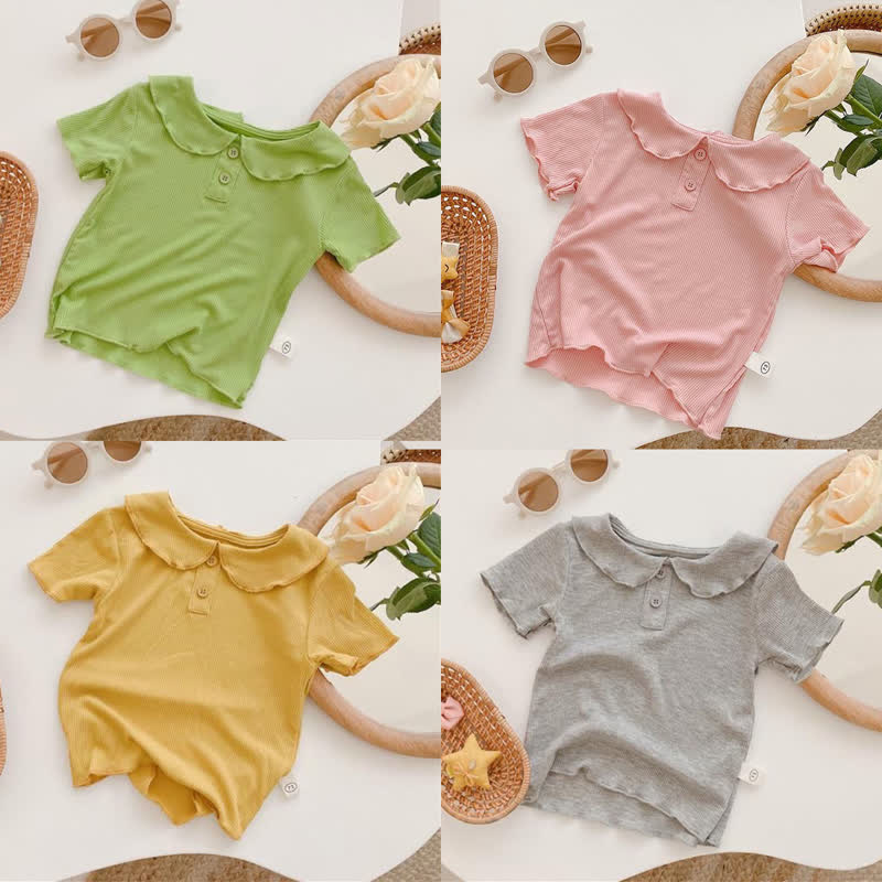 T-shirt a coste a tinta unita con colletto a volant per bambina - image 1