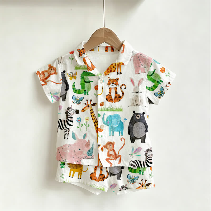 Completo da bambino composto da maglietta e pantaloncini con stampa animalier. - Bianco - 3-5T - image 1