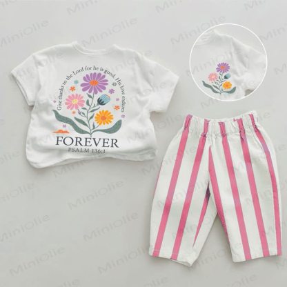 SALMO PER SEMPRE 136:1 Completo da bambina a 2 pezzi con fiori, rosa e righe verticali. - Bianco e rosa - 2-3T - image 1