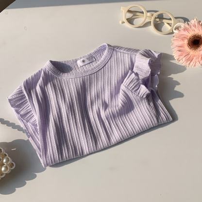 T-shirt a maniche a volant a coste in tinta unita per bambina - Viola - 8-9T - image 6