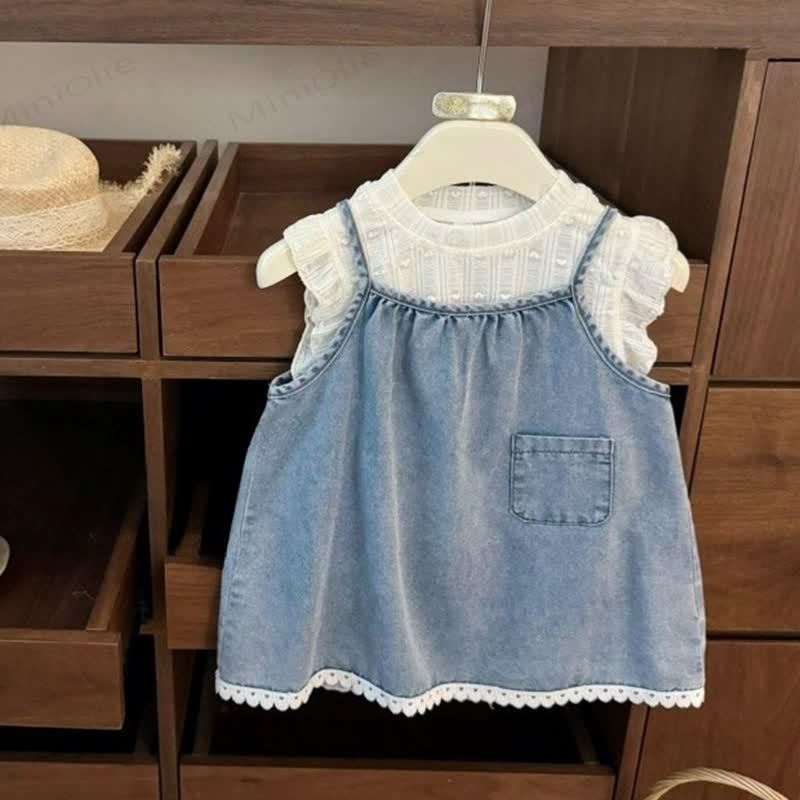 Completo da bambina composto da grembiule in denim e canotta bianca, due pezzi. - Blu - 6-7T - image 1