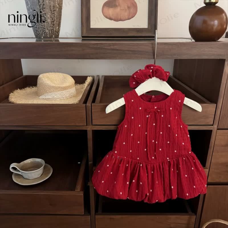 Vestito senza maniche rosso a pois per bambina con elastico per capelli - Rosso - 6-7T - image 1