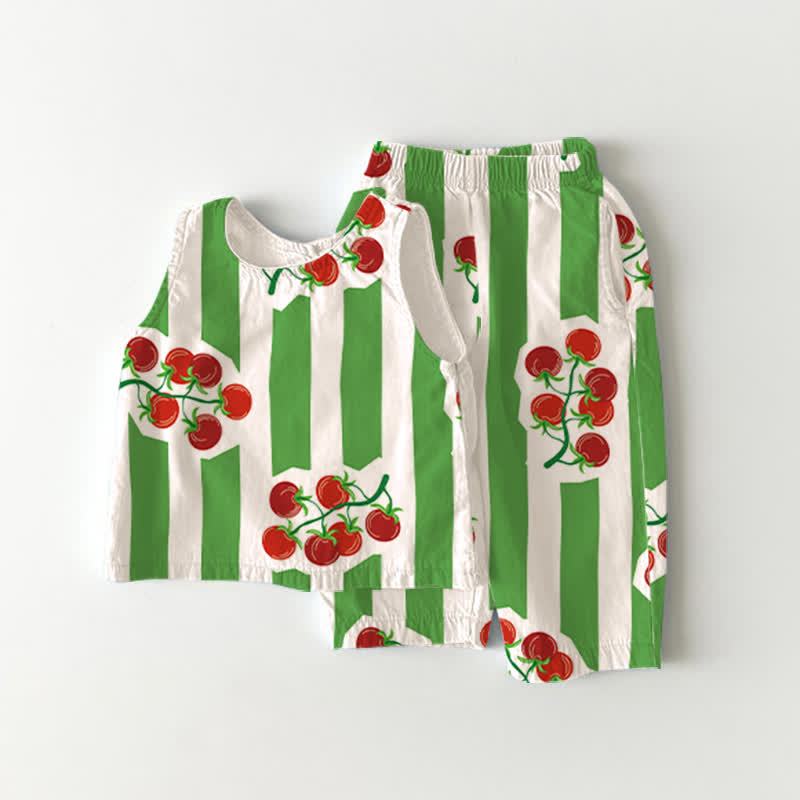 Completo da neonata/bambina con top e pantaloncini a righe con stampa di ciliegie, composto da due pezzi. - Verde - 3-4 anni - image 1