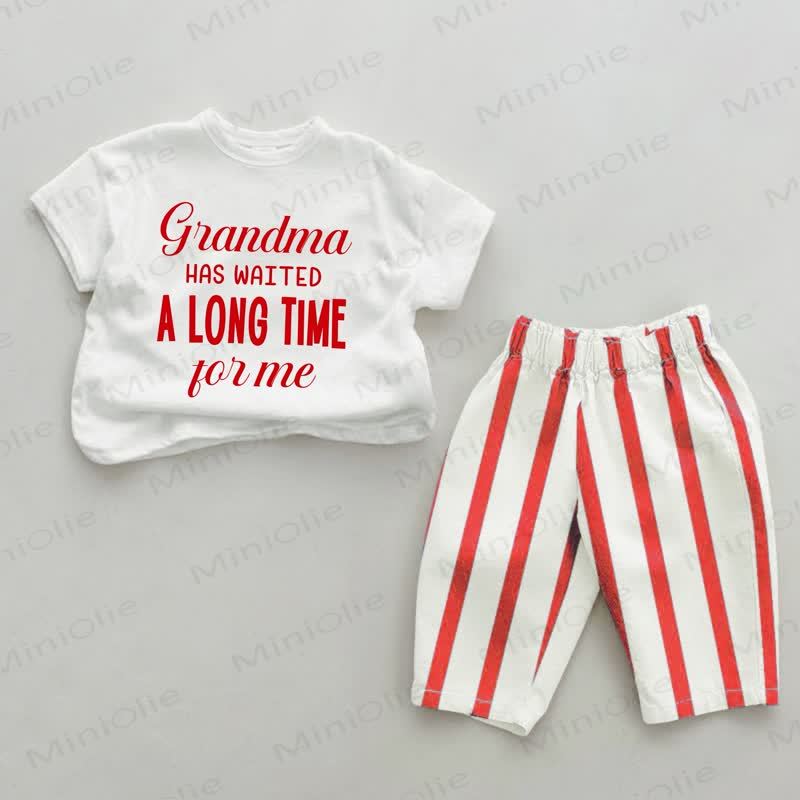 La nonna mi ha aspettato a lungo - Completo da 2 pezzi a righe rosse con slogan per neonati - Bianco e Rosso - 4-5T - image 1