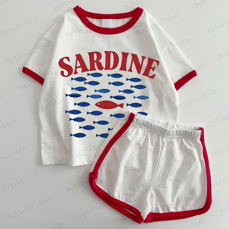 Set di 2 pezzi SARDINE Baby con stampa di sardine, composto da maglietta e pantaloncini bianchi e rossi. - Bianco e Rosso - 3-5T - image 1