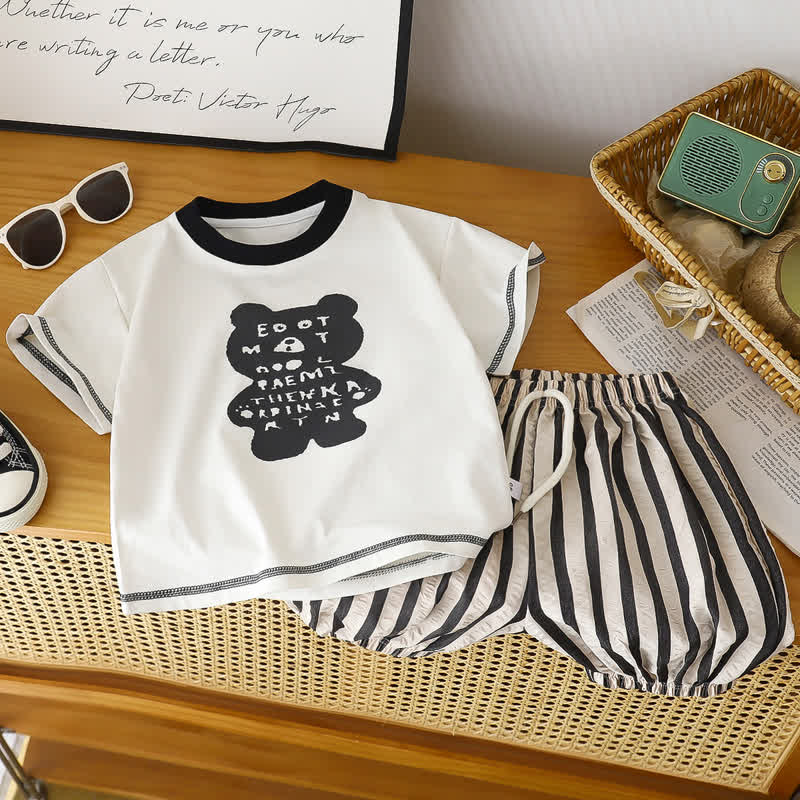 Completo da bambino composto da maglietta con stampa animalier e pantaloncini a righe, due pezzi. - Nero - 8-9T - image 3