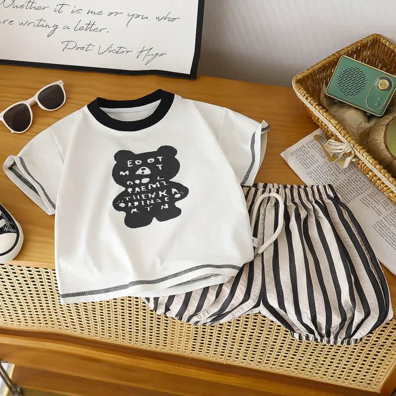 Completo da bambino composto da maglietta con stampa animalier e pantaloncini a righe, due pezzi. - Nero - 8-9T - image 3