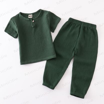 Completo per bambino composto da top e pantaloni in tinta unita con bottoni sul davanti, colore cotone. - Verde - 6-7T - image 13