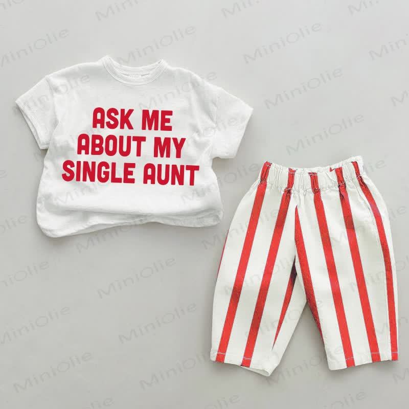 CHIEDIMI DELLA MIA ZIA SINGLE Completo da 2 pezzi con slogan per bambini a righe rosse - Bianco e Rosso - 4-5T - image 1