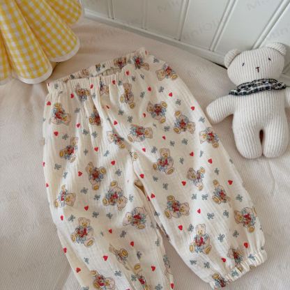 Pantaloni da casa in garza di morbido cotone con stampa animalier per bambini piccoli - Orsetto al cuore di albicocca - 8-9T - image 11