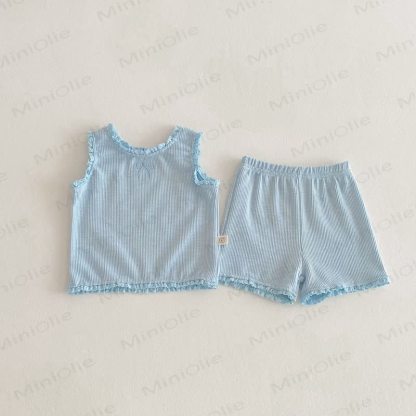 Completo da neonato composto da canotta con volant e pantaloncini. - Blu - 2-3T - image 3