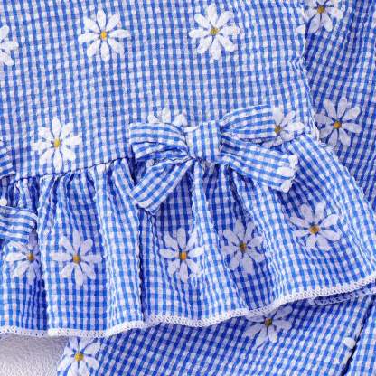 Completo due pezzi composto da canotta e pantaloni a quadretti azzurri con margherite. - image 3