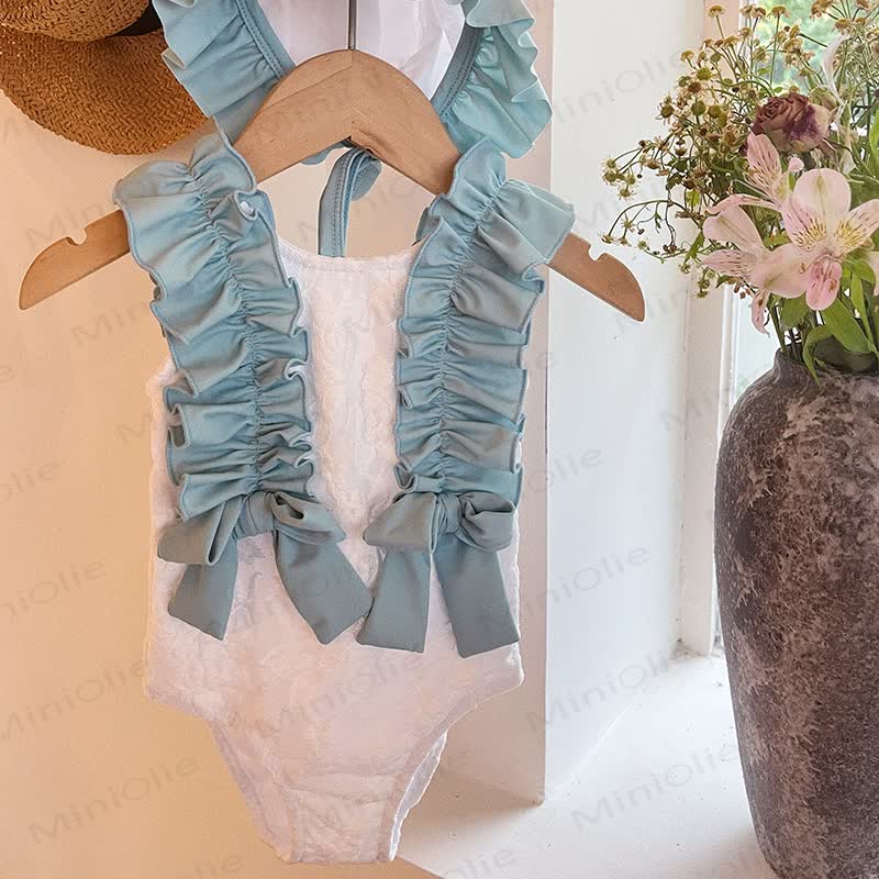 Costume intero senza maniche per bambina con volant in pizzo e fiocco - Blu - 8-9T - image 3