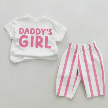 Completo da bambina a 2 pezzi con righe verticali rosa di papà - Bianco e rosa - 2-3T - image 1