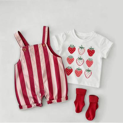 Completo da 2 pezzi per neonato con salopette a righe rosse e maglietta bianca. - Bianco e Rosso - 2-3T - image 1