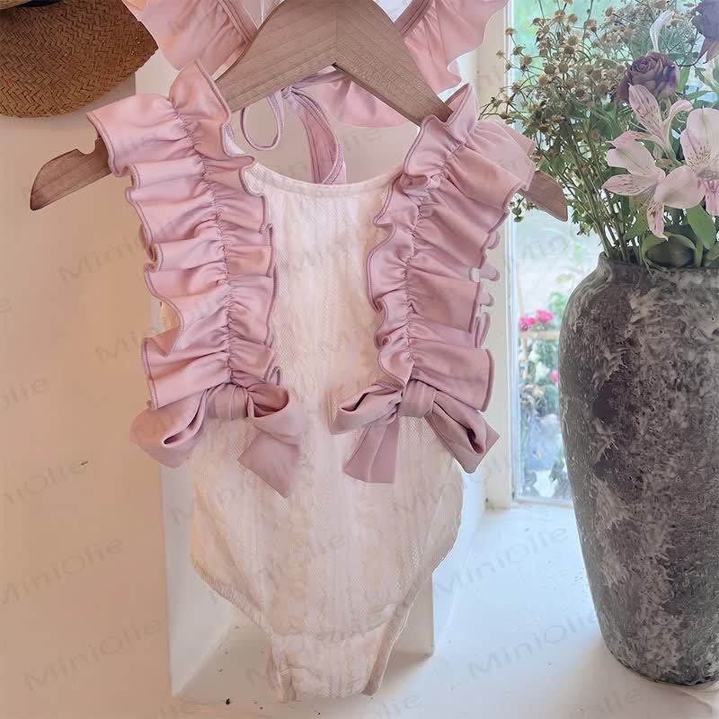 Costume intero senza maniche per bambina con volant in pizzo e fiocco - Rosa - 8-9T - image 2