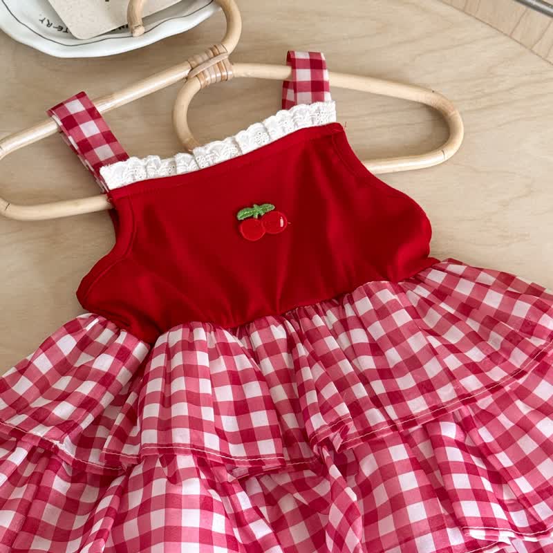 Vestito senza maniche a quadretti con pizzo rosso ciliegia per bambina - image 2