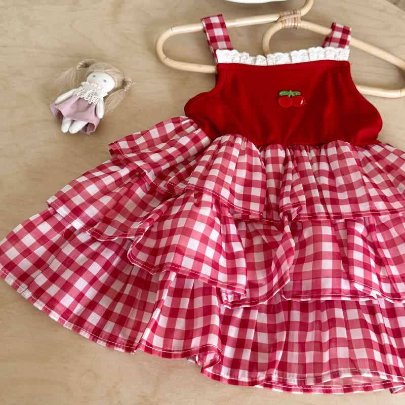 Vestito senza maniche a quadretti con pizzo rosso ciliegia per bambina - image 4