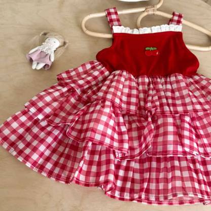 Vestito senza maniche a quadretti con pizzo rosso ciliegia per bambina - image 4