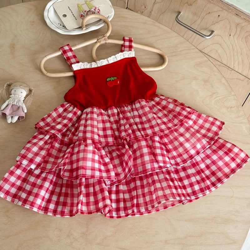 Vestito senza maniche a quadretti con pizzo rosso ciliegia per bambina - Rosso - 6.5-8T - image 1