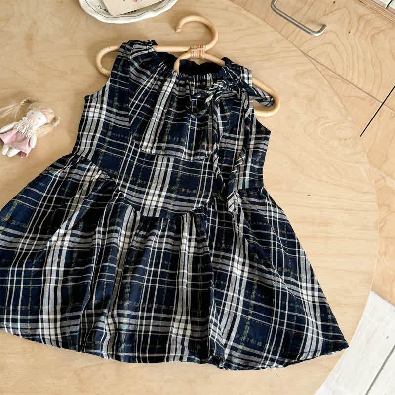 Vestito senza maniche a quadri blu e bianchi con fiocco per bambina - image 3