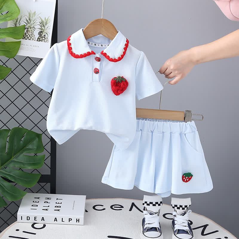 Completo da bambina composto da top con colletto Peter Pan e pantaloncini con stampa fragola, due pezzi. - Blu - 4-5T - image 2