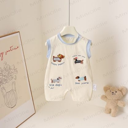 Tutina senza maniche in cotone per neonati con ricamo di cuccioli - Beige - 2-3T - image 1
