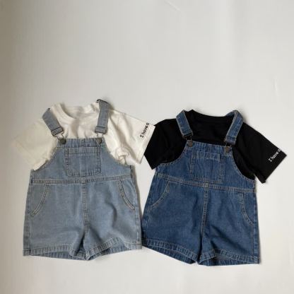 Salopette in denim tinta unita con tasche per neonati e bambini piccoli - image 1