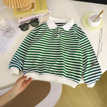 Maglietta a maniche lunghe a righe per bambini, con colletto polo. - Verde - 8-9T - image 1