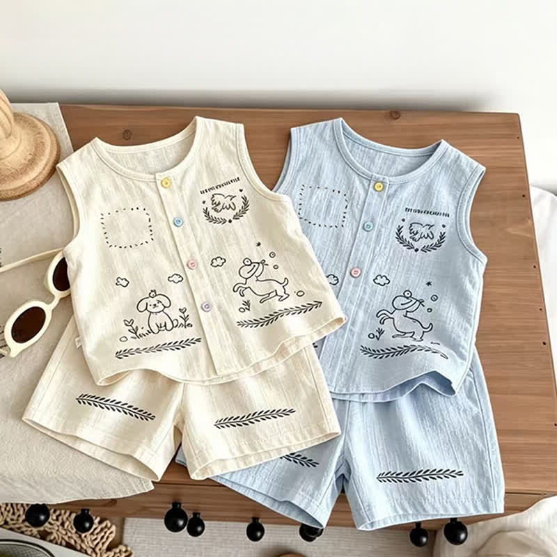 Completo per neonati e bambini composto da canotta senza maniche con bottoni sul davanti e pantaloncini con stampa di cani. - image 1