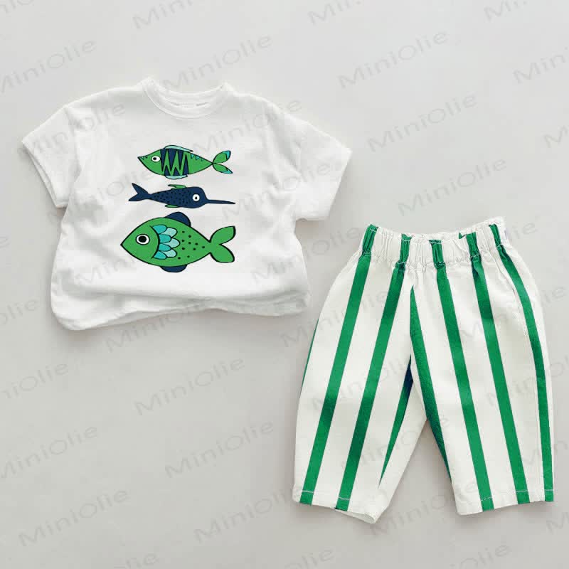 Completo due pezzi con pantaloni a righe verticali verdi e stampa di pesciolini - Bianco e Verde - 2-3T - image 1