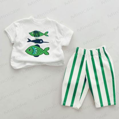 Completo due pezzi con pantaloni a righe verticali verdi e stampa di pesciolini - Bianco e Verde - 2-3T - image 1