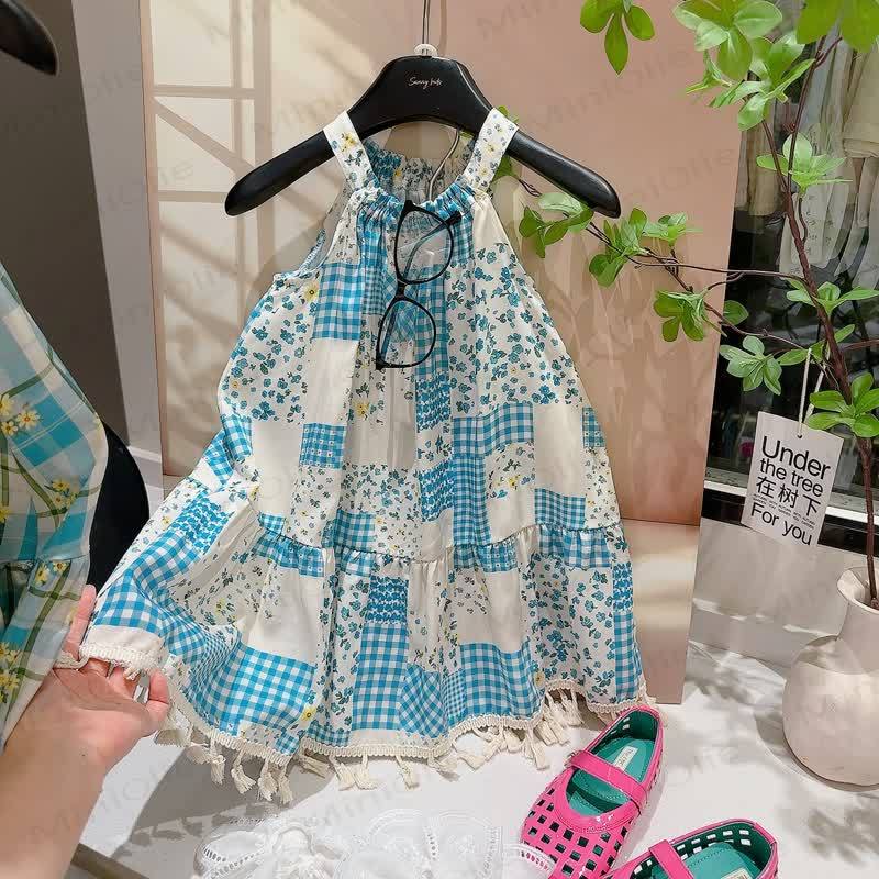 Vestito senza maniche con nappine e inserti a patchwork per bambina - Quadri blu - 12-13T - image 6