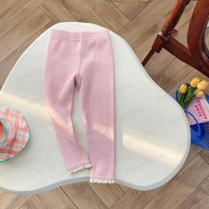 Leggings da bambina con orlo a coste e pizzo - Rosa - 8-9T - image 2
