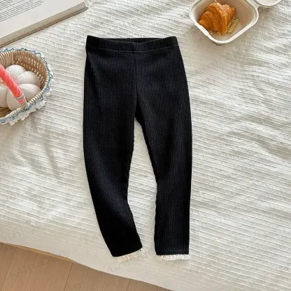 Leggings da bambina con orlo a coste e pizzo - Nero - 8-9T - image 10