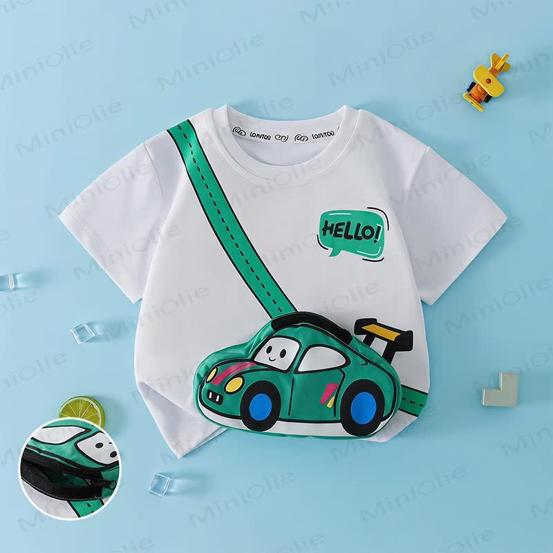 T-shirt in cotone per bambini con tasca con zip e stampa di un veicolo. - Bianco - 10-11T - image 2