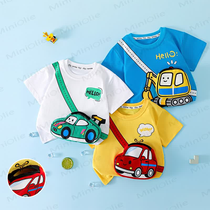 T-shirt in cotone per bambini con tasca con zip e stampa di un veicolo. - image 1