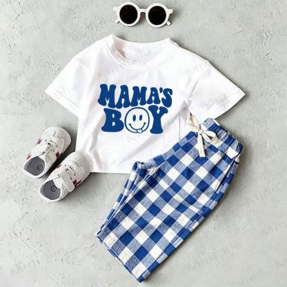 Completo da neonato "MAMA'S BOY" composto da maglietta bianca e pantaloni a quadri blu. - Bianco e Blu - 2-3T - image 1