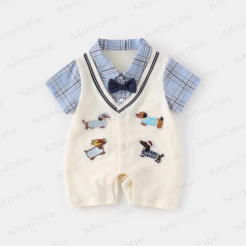 Completo da neonato a due pezzi con finta fantasia a quadri e cuccioli. - Beige - 18-24 mesi - image 1