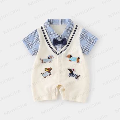 Completo da neonato a due pezzi con finta fantasia a quadri e cuccioli. - Beige - 18-24 mesi - image 1