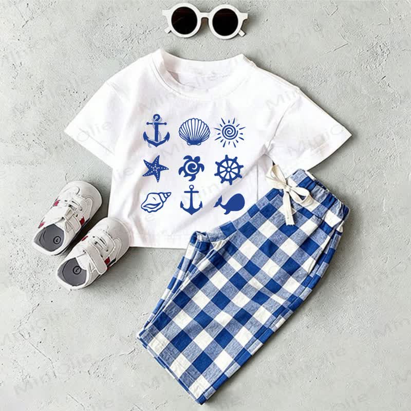 Completo da neonato a tema nautico, composto da maglietta bianca e pantaloni a quadri blu. - Bianco e Blu - 2-3T - image 1