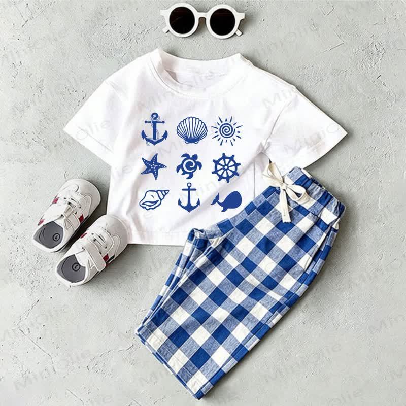 Completo da neonato a tema nautico, composto da maglietta bianca e pantaloni a quadri blu. - Bianco e Blu - 2-3T - image 1