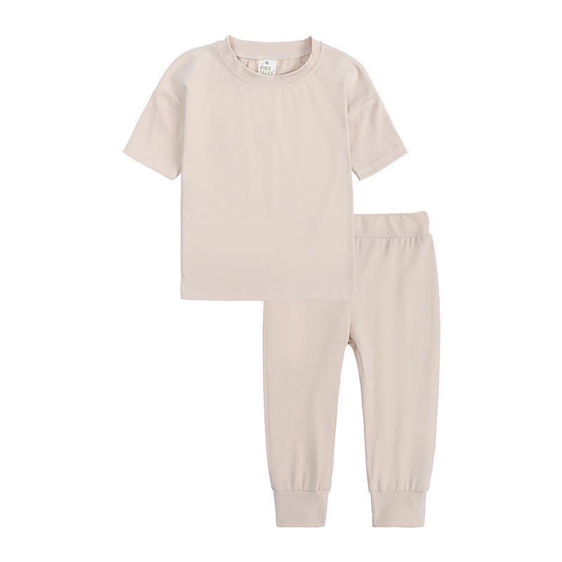 Set pigiama per bambini composto da top e pantaloni in maglia a tinta unita, due pezzi. - Beige - 12-13T - image 8