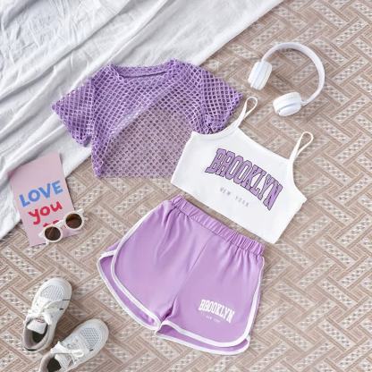 Completo da bambina BROOKLYN NEW YORK composto da top e pantaloncini, 3 pezzi. - Viola - 9-10 anni - image 5